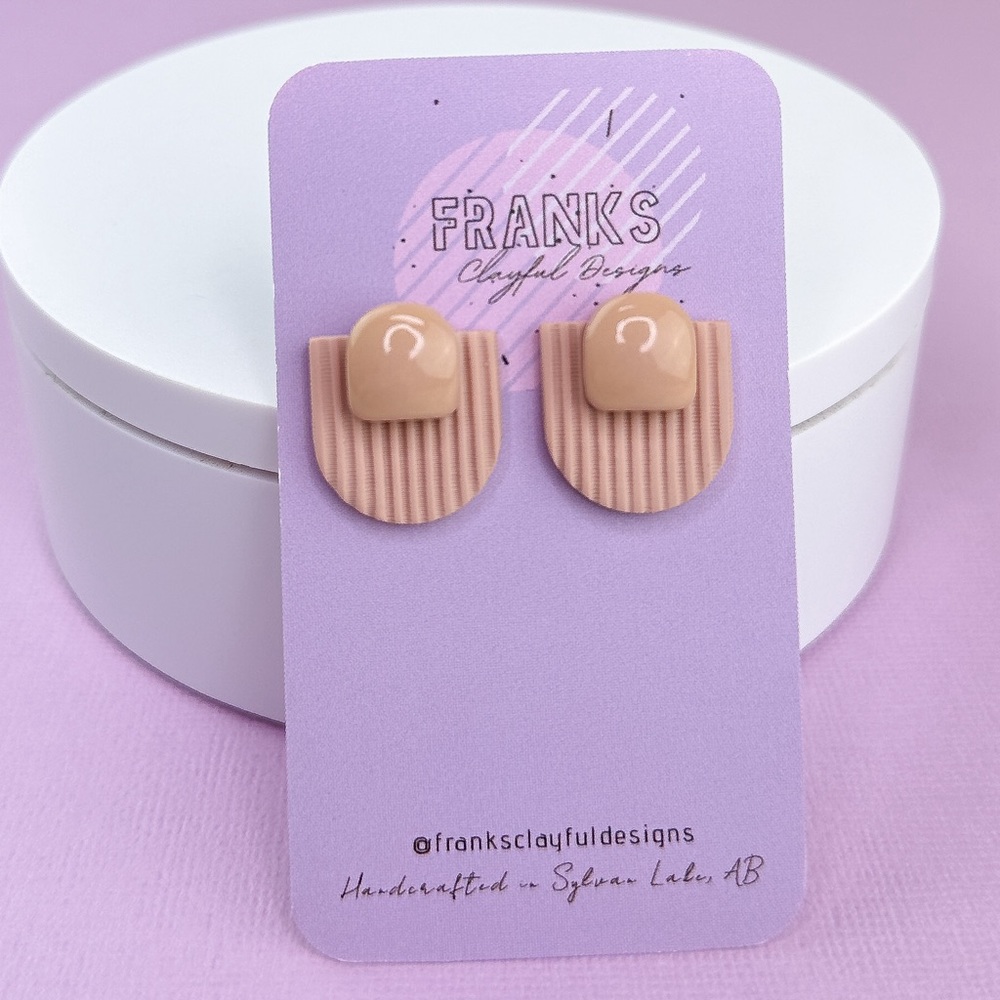 Line Textured Handmade Polymer Clay Tan Color Statement Stud Earrings